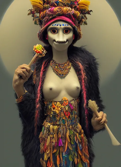 Image similar to an anthropomorphic beautiful goddess female wizard made of gorilla portrait holding a broom stick wearing colourful robe, fine art, award winning, intricate, elegant, sharp focus, octane render, hyperrealistic, cinematic lighting, highly detailed, digital painting, 8 k concept art, art by jamie hewlett and z. w. gu, masterpiece, trending on artstation, 8 k