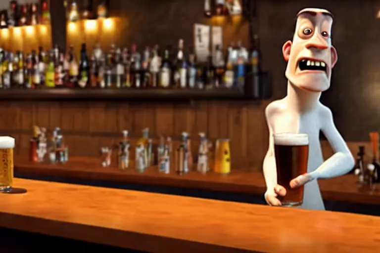 Image similar to a anthropomorphic pint of beer, pixar, who is a customer, waits to be served by a bartender,