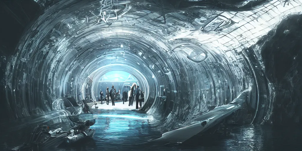 Image similar to transparent subsea tunnel, science fiction, beautiful, cinematic lighting, intricate details, octane rendering, trending on artstation, featured on behance.