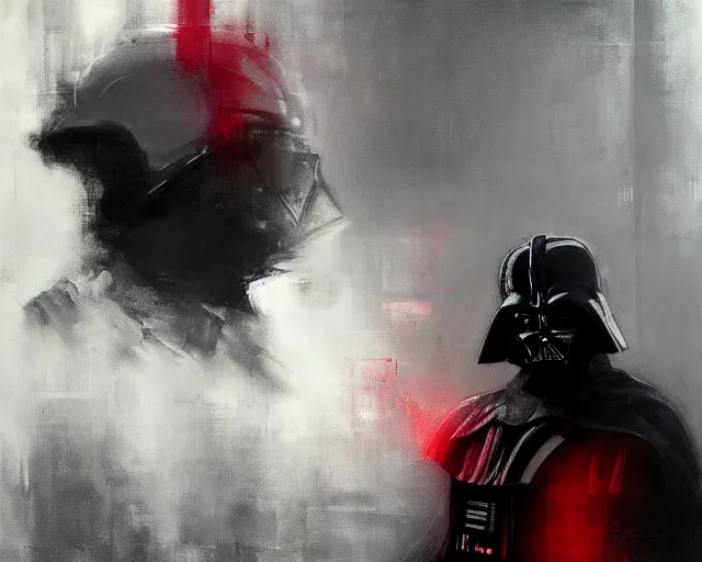 Image similar to portrait of darth vader in shades of grey but with red by jeremy mann