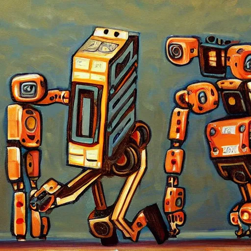 Prompt: a painting robot breaks down