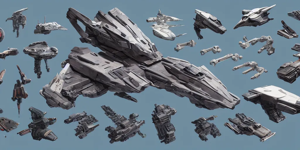 Image similar to Futuristic sci-fi props and gadget, hard surface, collection ,kitbash, parts, Shape and form, in watercolor gouache detailed paintings , hull, elite dangerous, star citizen , modular, pieces , golden ratio, mobius