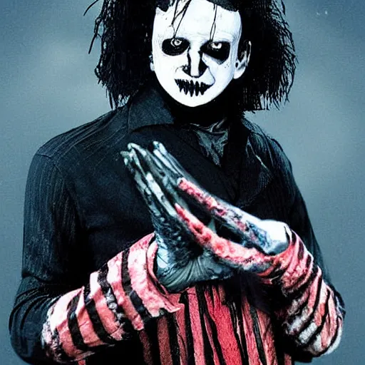 Image similar to Edward Scissor hands cast as Freddy Krueger, knives-for-fingers, knife-glove, burnt-face cover-art-poster-photograph-only