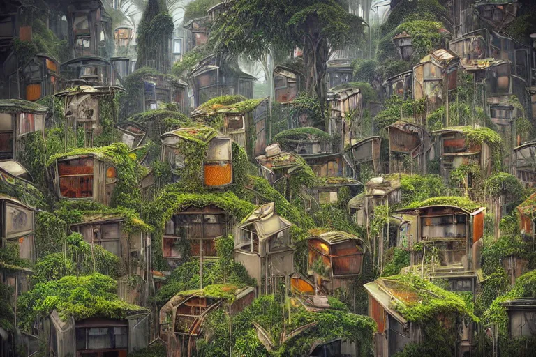 Prompt: futuristic foliage overgrowing detailed favela graveyard honeybee hive, art nouveau environment, industrial factory, award winning art, epic dreamlike fantasy landscape, ultra realistic,