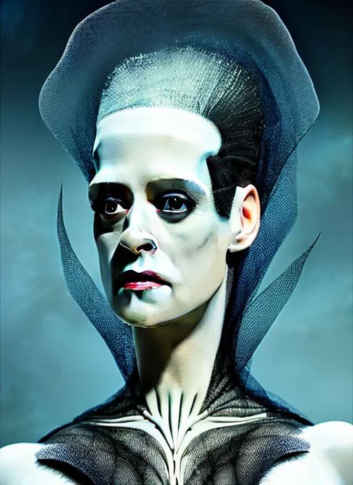 Image similar to portrait of kristen mcmenamy as a beautiful gentle futuristic bride of frankenstein from the movie bride of frankenstein, kintsugi, modern fine art, fractal, intricate, elegant, highly detailed, digital photography, subsurface scattering, by jheronimus bosch and greg rutkowski, still from the movie ex machina
