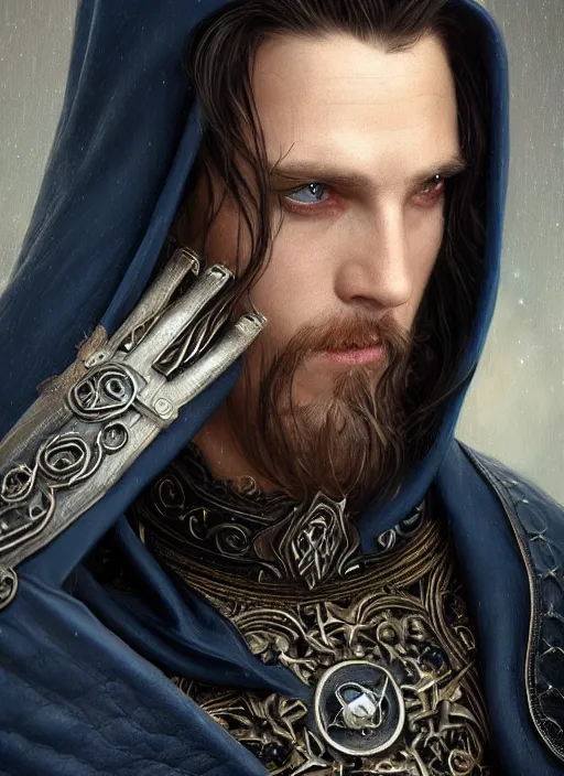 Image similar to ultrarealistic male mage face portrait fighting, long black hair blue eyes wearing leather mantle gothic navy cloak with leather details, bone plants, fantasy character portrait, octane render, extreme intricate details, elegant, cinematic lighting, highly detailed, artstation, dnd art, cgsociety, sharp focus, beautiful digital painting by artgerm, gerald brom, wlop, alphonse mucha