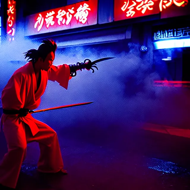 Image similar to cyber samurai fire dance slashing sword atomic, detailed bushido form smoke, fighting stance atomic energy, shibuya prefecture, cinematic neon uplighting, fog mist smoke, photorealistic, night photography by tomino - sama