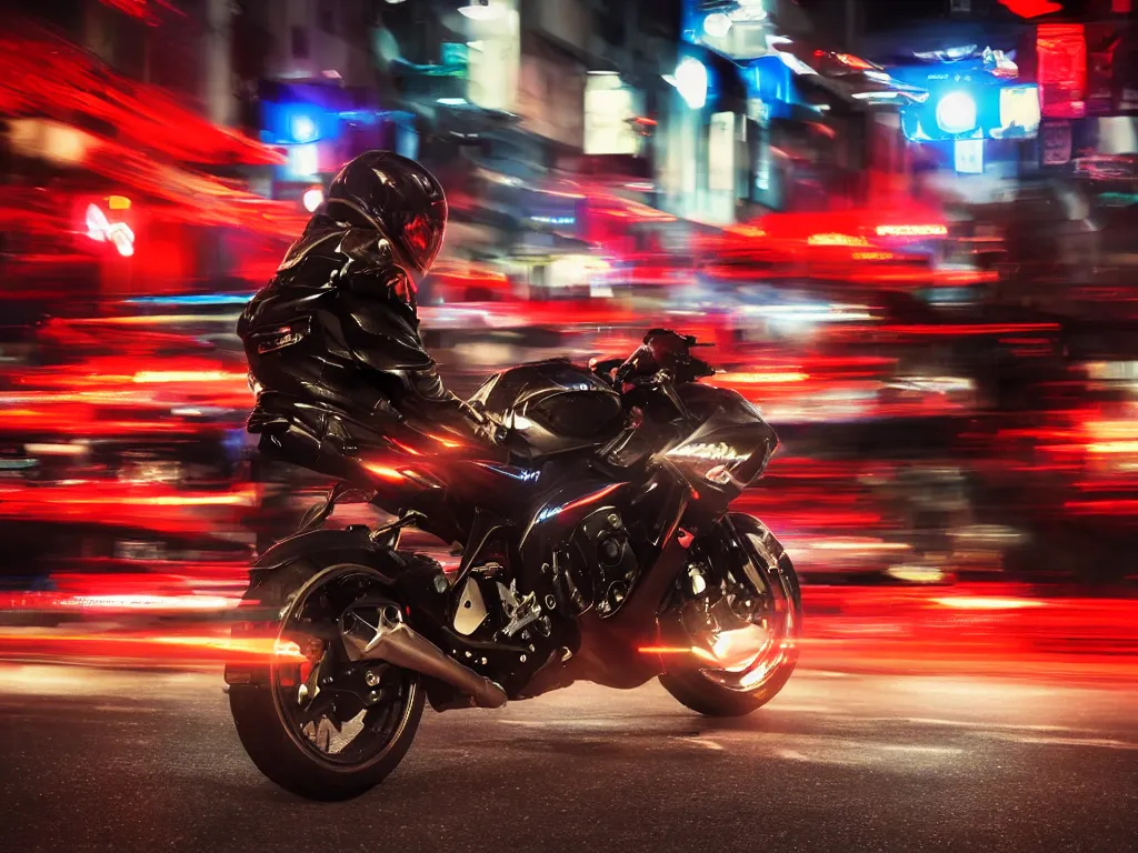 Prompt: a Photorealistic hyperdetailed hyper realistic dramatic moody Low angle night time close up render of biker speeding on a GSX R1000 in the middle of busy shibuya crossing Tokyo,multiple red and orange light trails by,Beautiful dramatic moody tones and lighting,cinematic atmosphere,photorealism,8K