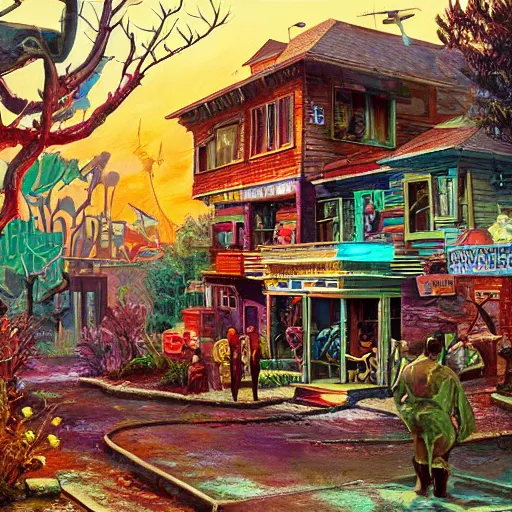 Image similar to 5 0 s tract home suburb on ancient post - apocalyptic planet, jim henson creature shop, vivid and colorful, thomas kincaid, cinematic, oil painting, highly detailed, illustration