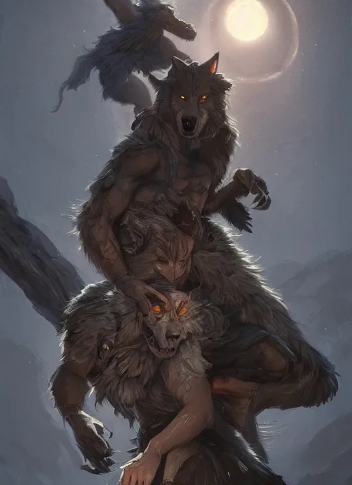 Prompt: a werewolf guardian supporting a small sorcerer girl on his shoulder, ultra detailed, fantasy, dramatic lighting, trending on artstation, award - winning, artgerm and greg rutkowski, 8 k