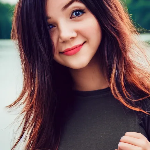 Prompt: real life photo of a beautiful girl, full body photoshoot, long black hair, full round face, short smile, brown shirt, lake setting, cinematic lightning, medium shot, mid - shot, highly detailed, trending on artstation, iso 2 0 0, f 1. 4, 8 0 mm, 8 5 mm, natural light