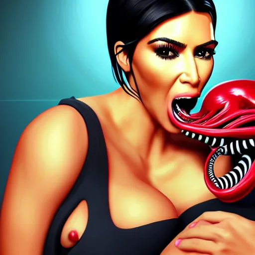Prompt: kim kardashian being licked menacingly by an xenomorph, highly detailed, photorealistic, slime, saliva, artstation, smooth