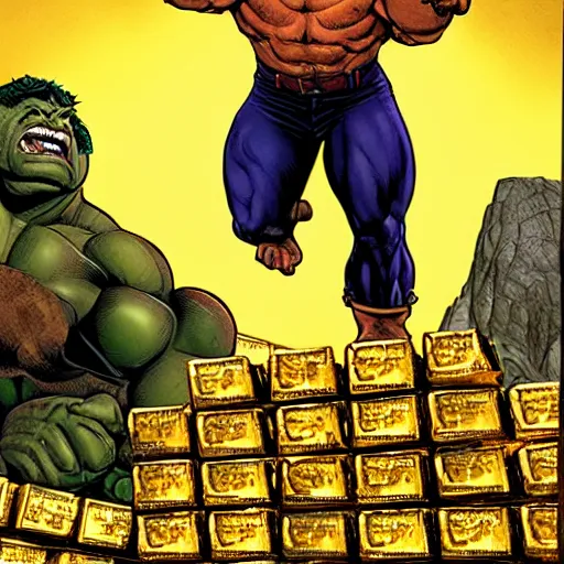 Image similar to hulk standing on top of a pile of gold bars, ultra detailed, hdr, 8 k, joe jusko