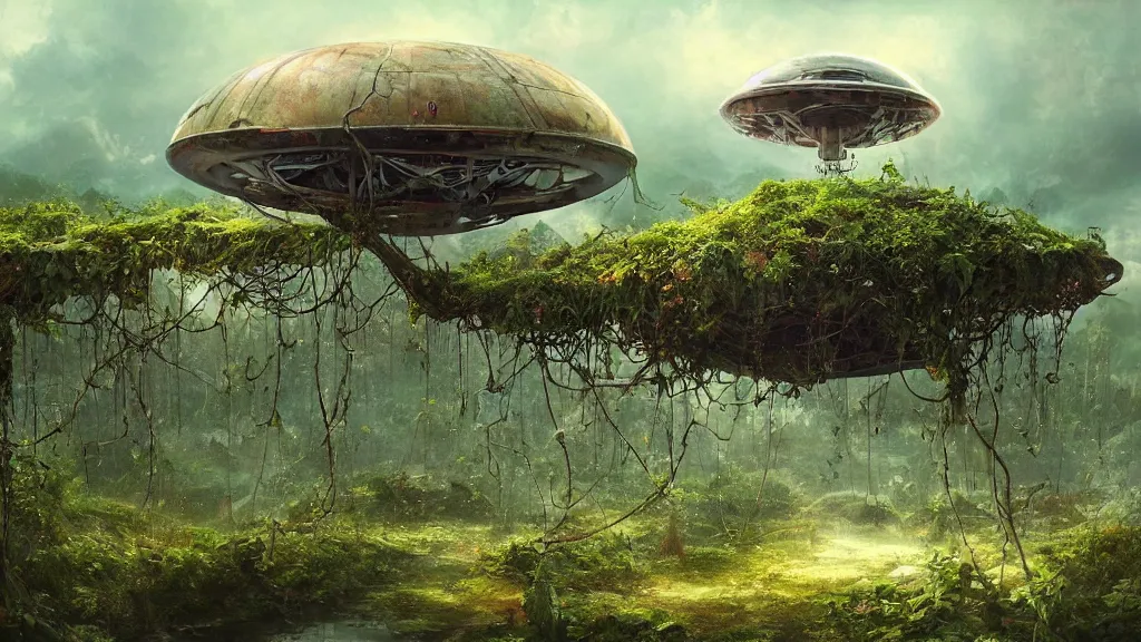 Image similar to a surreal dreamlike scene of a derelict ufo resting atop an abandoned vine-covered greenhouse, extravagant matte painting, highly detailed oil painting, 8k, devastatingly beautiful atmosphere, elegant cinematic fantasy art, overwhelming depth and detail, magic, soft colors, intricate masterpiece