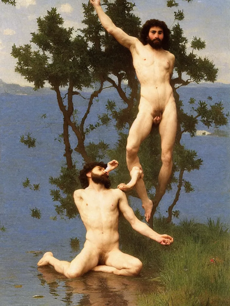 Prompt: perfect young hairy man bathing by the lake, the water is sparkling and shimmering, by bouguereau and by andrey remnev