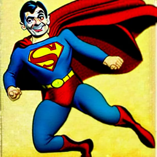 Prompt: mr bean as superman. he is extremey clumsy and destroys many buildings by accident. dc comics coverart, comicbook, comic panel