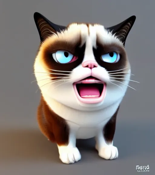 Image similar to Fanart 3D model of grumpy cat with a big giant grin on his adorable little face, kawaii grumpy cat model, lucky cat grumpy cat, trending on artstation, cycles render, character sculpt, perfect lighting, highly detailed background, For Hire 3D artist, Pixar and Industrial