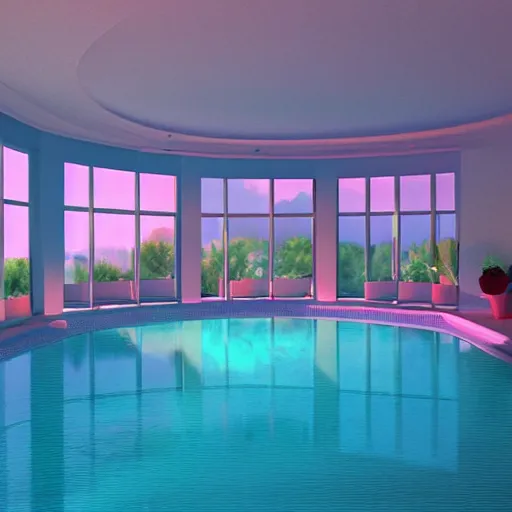 Image similar to a sunlit indoor lounge area with a pool with clear water and another pool with translucent pastel pink water, next to a big window, digital art