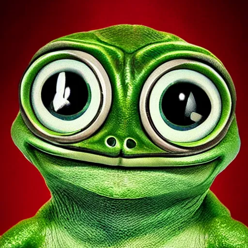 Image similar to pepe green frog big head cute eyes fantasy action scene photo