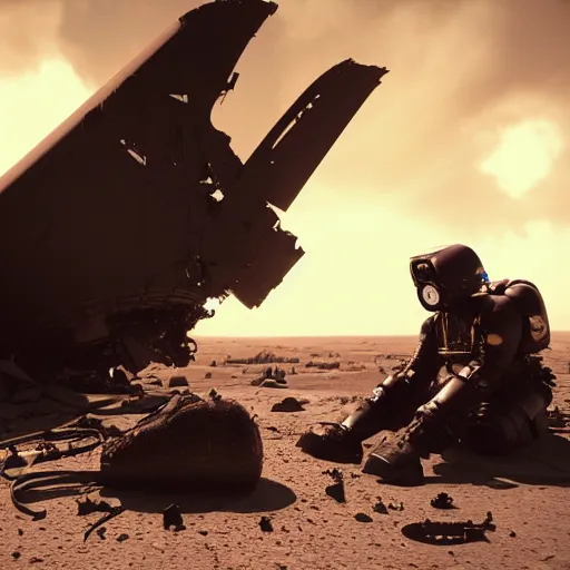 Image similar to photo of an two overweight depressed teenagers with emo haircuts wearing gothy purple and black latex suits, sitting next to smashed burning spacecraft wreckage, on the orange surface of mars, Trending on artstation, octane render, cinematic lighting, hyper realism, photorealistic, octane render, 8k, depth of field, 3D
