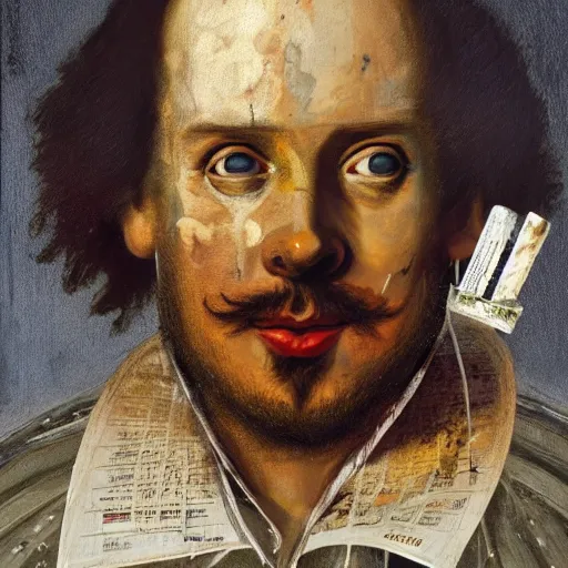 Prompt: hyperrealistic, photorealistic, mixed media oil painting of william shakespeare, magazine scraps, plaster, blood, oil, mustard, cigarettes, splatter, trending on artstation, award - winning painting, greg rutkowski, basquiat, ralph steadman, terry gilliam