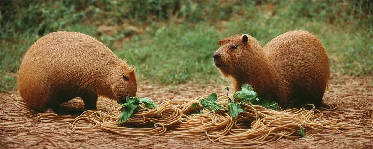 Image similar to one single capybara eating spaghetti from a bush, in the style of national geographic, canon 5 0 mm, film, kodachrome, retro, muted