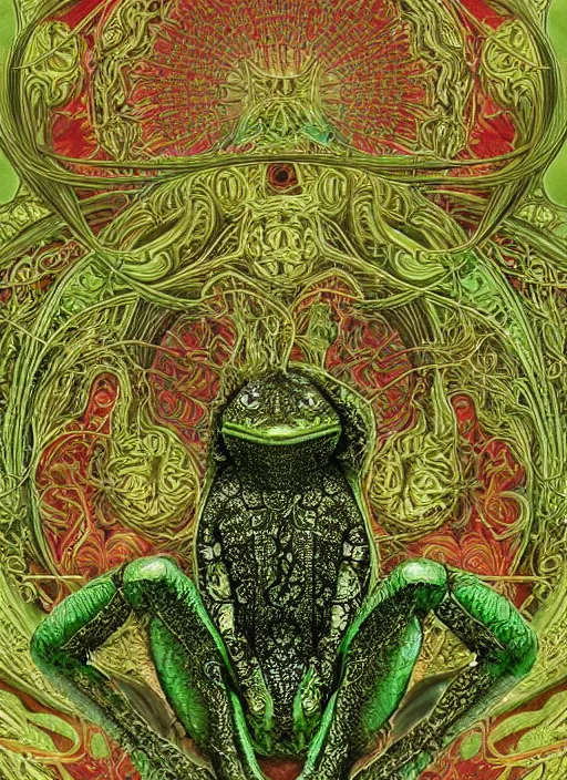 Prompt: ultra detailed surreal vfx avante garde portrait of a 3 d light temple green frog, polyphonic bio - communications, arcane ritual, entangled vibrating, electricity, ornate, hyperrealistic, chiaroscuro, inspired by shiota chiharu & james jean & android jones & william morris & ernst haeckel & alphonse mucha, unreal engine