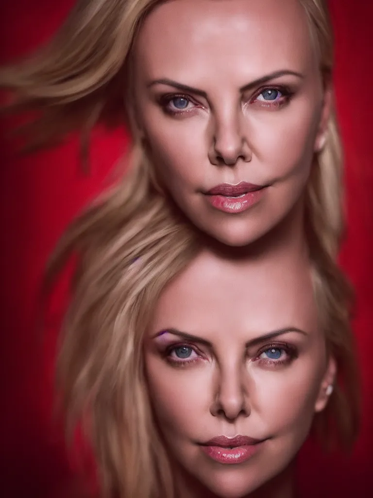 Image similar to hyper realistic portrait of Charlize Theron illuminated by red light , night , 85 mm f1.4 ,