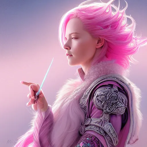 Image similar to pink haired mage medium portrait, female, glacier landscape, norway, d & d, fantasy, intricate, elegant, highly detailed, digital painting, pink and teal color palette, artstation, octane render, concept art, matte, sharp focus, illustration, herrarthstone, art by artgerm and greg rutkowski and alphonse mucha