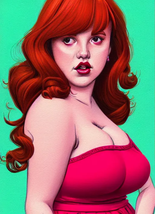 Image similar to full body portrait of teenage cheryl blossom, obese, bangs, green eyes, sultry, realistic, red hair, sultry smirk, wavy hair, pink skirt, obese, intricate, elegant, glowing lights, highly detailed, digital painting, artstation, concept art, smooth, sharp focus, illustration, art by wlop, mars ravelo and greg rutkowski