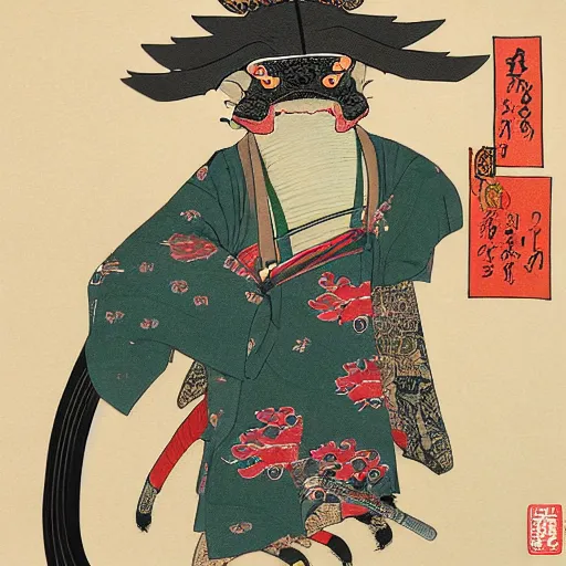 Prompt: a painting of a komodo dragon wearing samurai garb and a ronin straw hat in an ukiyo e style