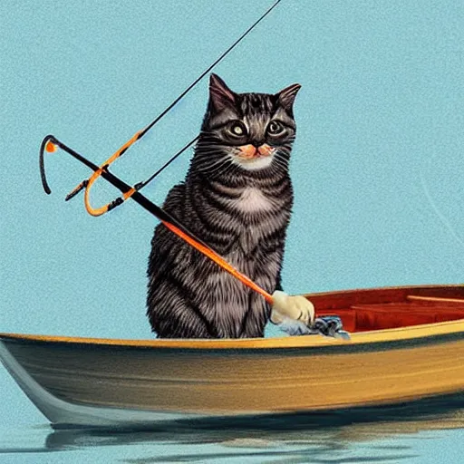 Prompt: a cat holding a fishing pole while fishing in a boat; vivid; digital art; artstation; award winning