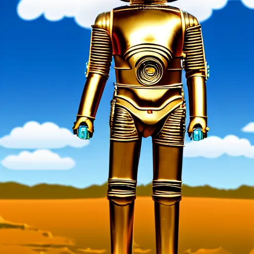 Prompt: full body legs portrait of Simpson as C3PO in star wars, background blue sky puffy clouds cinematic 4k