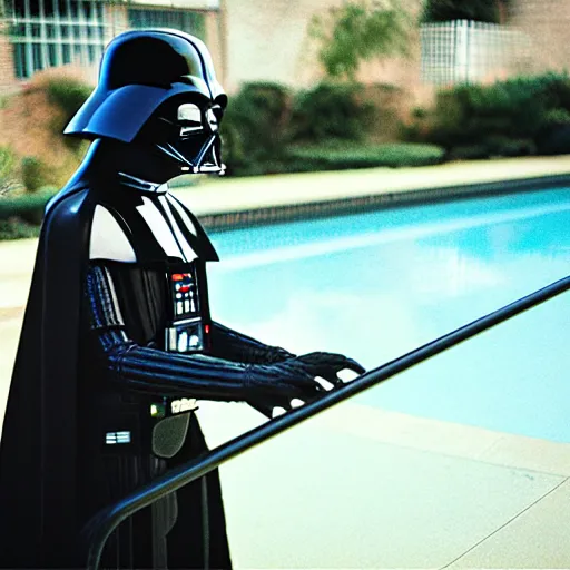 Prompt: photo of darth vader in swimming pool cinestill, 800t, 35mm, full-HD