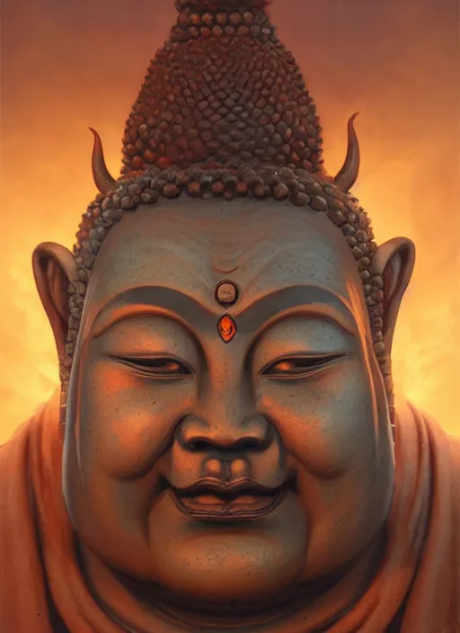Image similar to oni with the face of a buddha, subsurface scattering, by jesper ejsing, justin gerard, tomasz alen kopera, cgsociety and fenghua zhong, highly detailed, rim light, cinematic lighting, illustration, art, octane render, very coherent, cinematic, hyper realism, high detail, octane render, 8 k