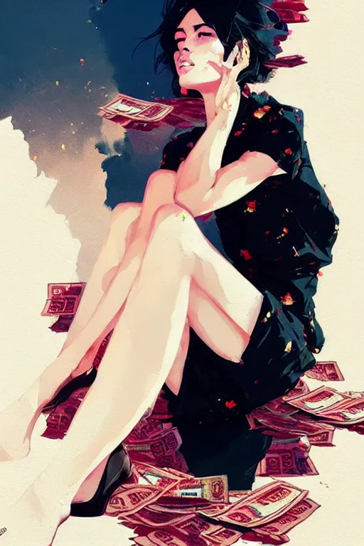 Image similar to a ultradetailed beautiful portrait panting of a stylish woman sitting on a pile of cash, by conrad roset, greg rutkowski and makoto shinkai, trending on artstation