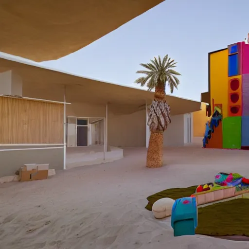 Image similar to big scale baby toy hotel in the dessert, modernism