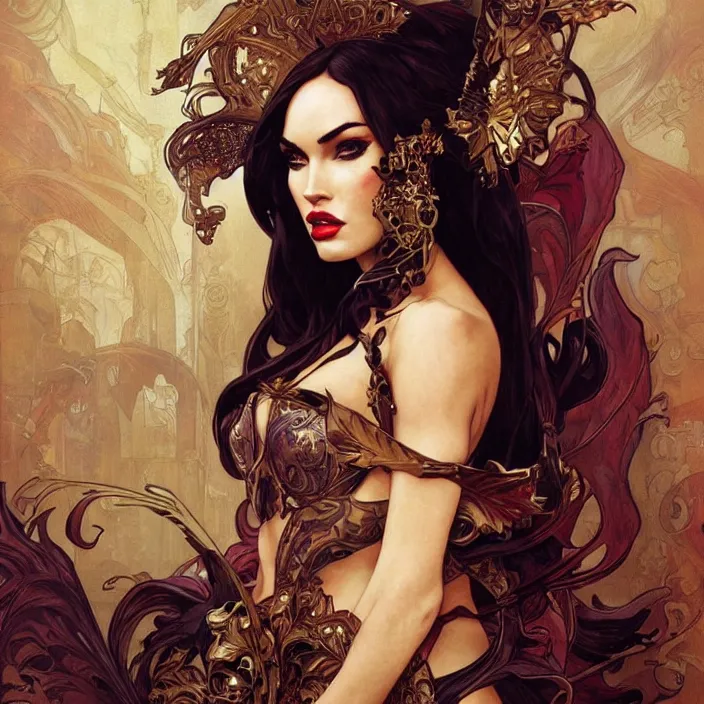 Prompt: megan fox wearing venetian carnival masks by artgerm, greg rutkowski, alphonse mucha