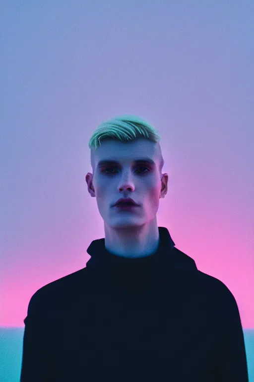 Image similar to high quality pastel coloured film wide angle selfie photograph of an male cyber model standing in an icelandic black rock environment. three point light. photographic. art directed. pastel colours. volumetric light. stark. waves glitch. 8 k. filmic.