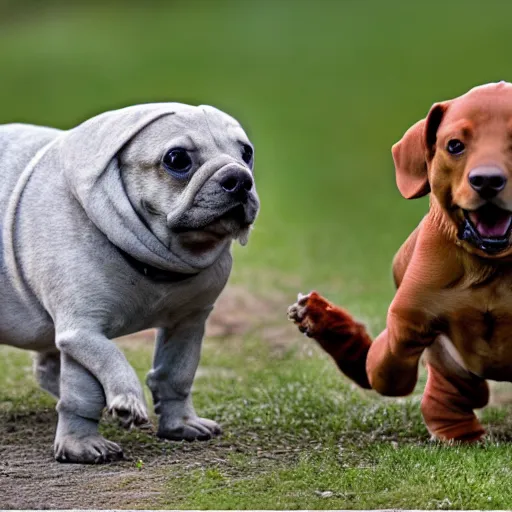 Prompt: A tardigrade and a daschund play together in a dog park