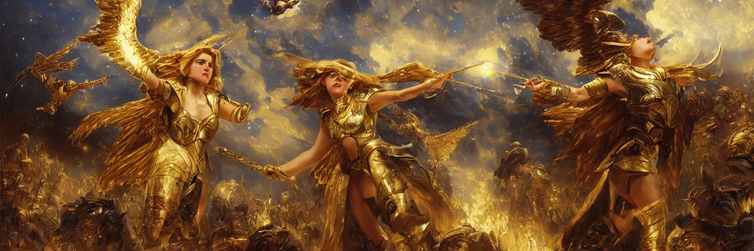 Image similar to a young girl wearing a gold armor in the night sky fighting angels, golden light in the darkness, blood, battlefield, extremely realistic and highly detailed painting by gaston bussiere and j. c. leyendecker 8 k