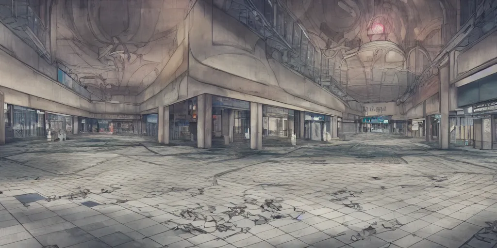 Image similar to abandoned mall at night, a fountain in the middle, subtle wear - and - tear, anime!, award - winning digital art