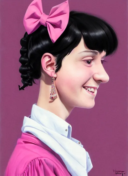 Image similar to portrait of high school girl, realistic, black hair, bangs, half updo hairstyle, pointy nose, skinny, smile, ugly, defined jawline, big chin, pink hair bow, earrings, intricate, elegant, yearbook photo, highly detailed, digital painting, artstation, sharp focus, illustration, art by wlop, mars ravelo and greg rutkowski