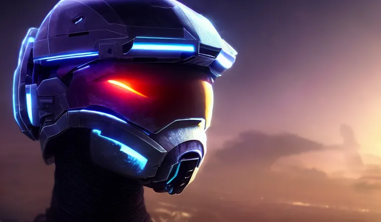 Prompt: cyberpunk halo helmet on space, close shot, reflection, epic, dramatic, cinematic, award winning, ultra detailed, realistic, 8k,