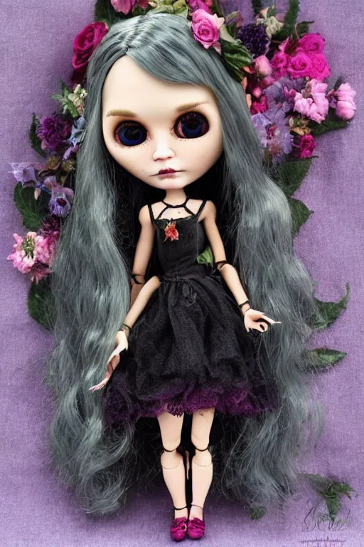 Prompt: gothic blythe doll with flowers painted by jeremiah ketner