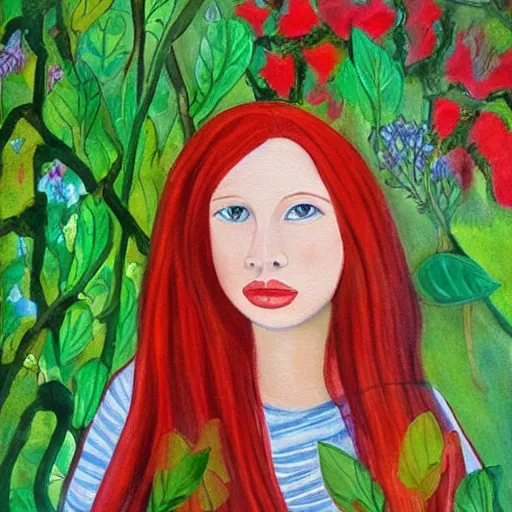 Prompt: a beautiful red haired woman in a garden, beautiful painting by magali villanueve