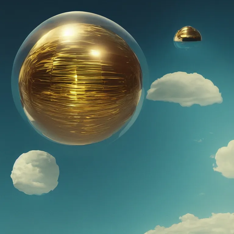 Image similar to a reflective golden eco sphere and torus in the sky over the ocean by beeple