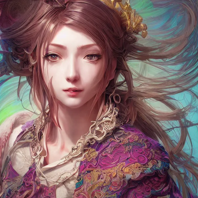 Image similar to portrait of neutral good colorful female cleric bard healer as absurdly beautiful, elegant, young skinny gravure idol, ultrafine hyperdetailed face illustration by kim jung gi, irakli nadar, intricate linework, sharp focus, bright colors, octopath traveler, final fantasy, unreal engine highly rendered, global illumination, radiant light, detailed intricate environment