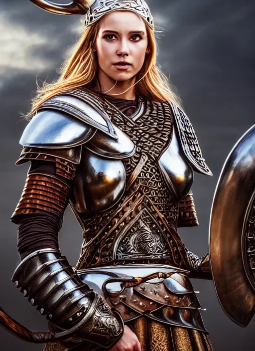 Image similar to photo of a gorgeous viking queen in armor in the style of stefan kostic, realistic, sharp focus, 8 k high definition, insanely detailed, intricate, elegant, art by stanley lau and artgerm