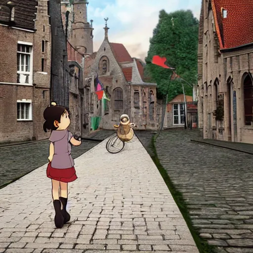 Image similar to Manga cover of a little girl riding on top of a giant tortoise through the streets of Bruges, 3d render diorama by Hayao Miyazaki, official Studio Ghibli still, color graflex macro photograph, Pixiv